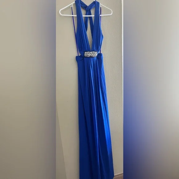 BCBGMaxAzria | Dresses | Bcbgmaxazria Blue Halter Backless Gown With Beaded  Accent Nwot Size S | Poshmark